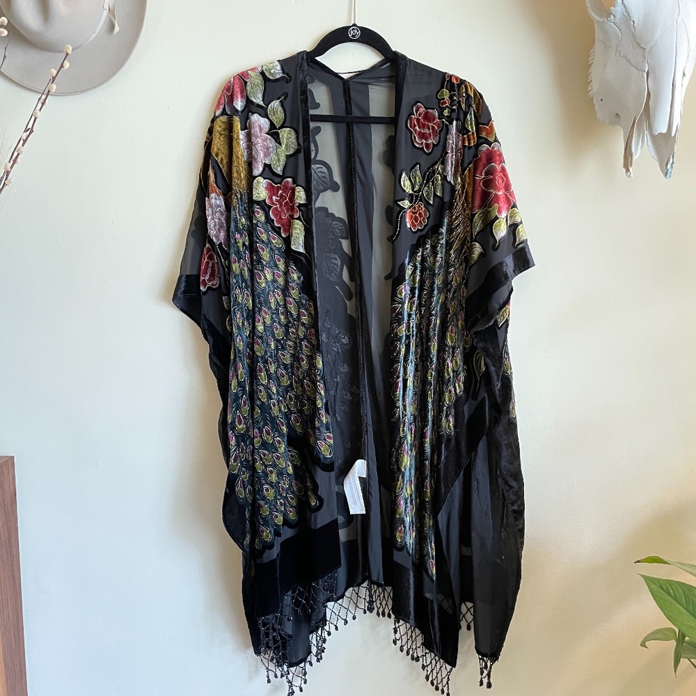 WOMENS VELVET BEADED KIMONO JACKET